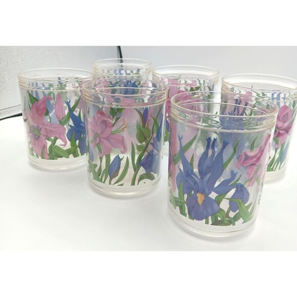 Vtg Tumblers Glasses Mid Century Modern Acrylic Floral Print Retro 4.5" H Set 6 - Picture 3 of 10